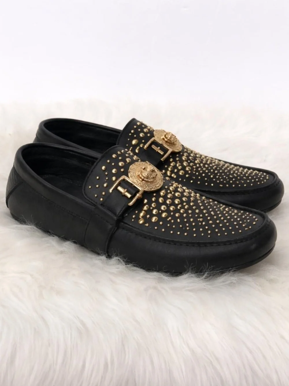 Versace Black Leather Studded Medusa Medallion Driving Loafers - Size 6 COA